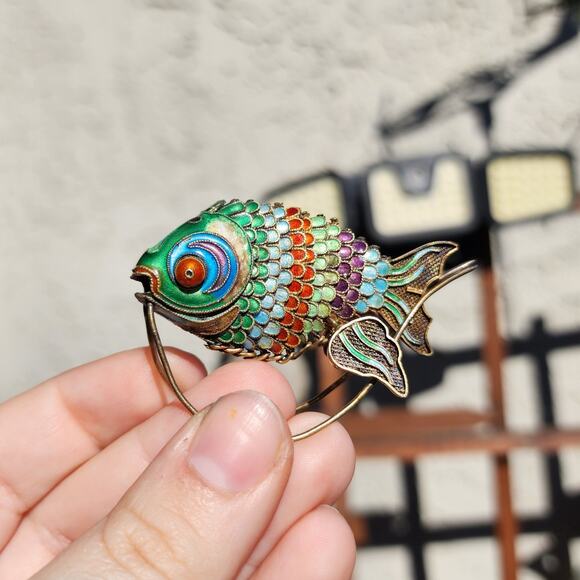 Vtg Old Chinese Export Fish Figurine Sterling Silver Gilt Cloisonne Articulated - Picture 10 of 16